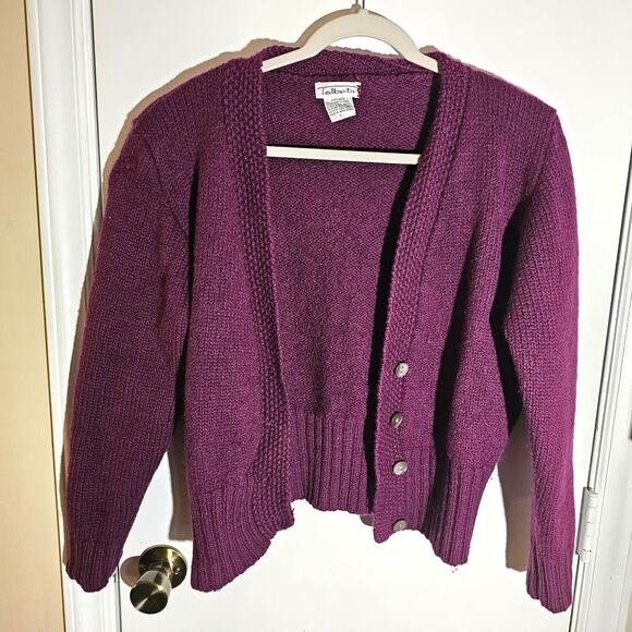 Talbots 100% Wool Cropped Deep Purple Cardigan Sz L Button Front Gilmore Girls - Picture 1 of 6